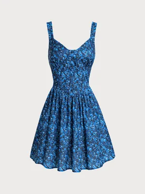 Rihoas Blue Floral U-Neck Shirred Mini Dress thumbnail 6