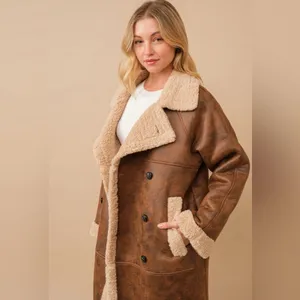 Faux leather teddy shearling long coat in chestnut thumbnail 4