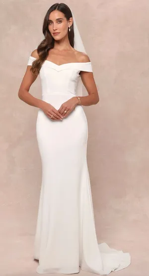 Lulus Arienne White Off-the-Shoulder Mermaid Maxi Dress Wedding Medium NWT thumbnail 1