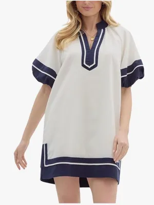 NEW Cotton Color Block Pullover V-Neck Puff Sleeve Mini Dress with Pockets S thumbnail 1