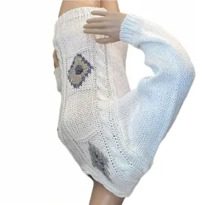 VINTAGE 80s SHENANIGANS Women’s White Sweater Hand Knitted Flower Design Small thumbnail 3