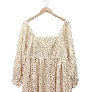 Storia Floral Lace Midi Dress Cream Long Sleeve Square Neck Fit Flare Medium thumbnail 5