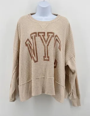 American Eagle Seriously Lived In Waffle Knit Sweatshirt‎ NYC Graphic Tan XS thumbnail 1
