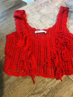 Zara Red Crocheted Fringe Crop Tank Top thumbnail 13
