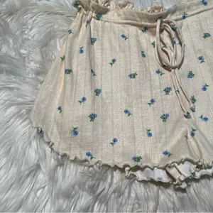 For Love & Lemons Women's Size Medium Pointelle Shorts Butter Yellow Blue Floral thumbnail 4