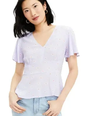 Loft Women's Size 4 Daisy Print Flutter‎ Sleeve Blouse Light Purple V-Neck Zip thumbnail 1