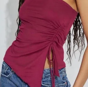 Garage burgundy Shirred Asymmetric Tube Top with tie detail thumbnail 1