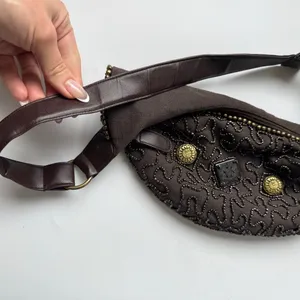 Beaded Made In India Brown Crescent Mini Shoulder Bag Party Purse Zipper Y2K thumbnail 5