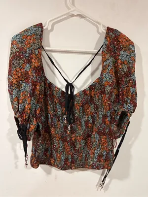Free People Multi Color Smocked Puff Sleeve Crop Top Tie Back Arms Size Large thumbnail 6