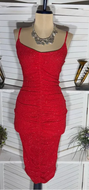 Shiny sparkle red dress ruched midi bodycon padded bra cocktail homecoming NWOT thumbnail 1