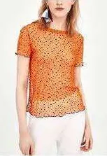 Zara NWT Women's Orange Sheer Mesh Purple Polka Dot Pattern Blouse Top Size S thumbnail 1