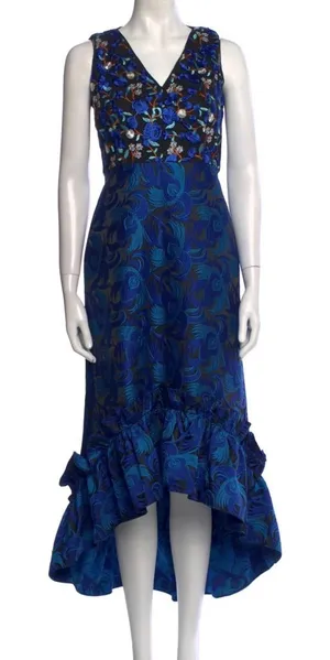 Badgley Mischka Belle‎ Blue Tapestry Jacquard Gown Dress Blue Retro High Low thumbnail 1