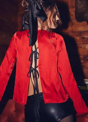 Free People Arabella Blouse Rubies Red Satin Long Sleeve Bow Back Medium NWT thumbnail 1