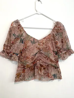 MERAKI Mauve Pink Floral Mesh Ruched Short Sleeve Puff Sleeve Crop Top Blouse L thumbnail 12