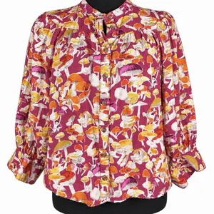 Anthropologie Maeve Femme Collarless Pink Orange Mushrooms Cotton Top M Boho thumbnail 1