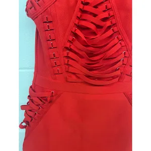 Hybrid & Company Sz M Red Sexy Bodycon Strappy Knee Length Midi Bandage Dress thumbnail 4
