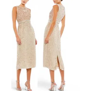 Mac Duggal Nude‎ Champagne Beaded Sequin Midi Sheath Cocktail Dress NWT Sz 8 thumbnail 3
