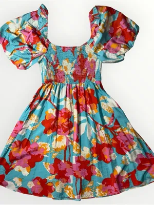NWT Oddy Smocked Floral Off Shoulder Rayon Boutique Dress Sz Small #260 thumbnail 4