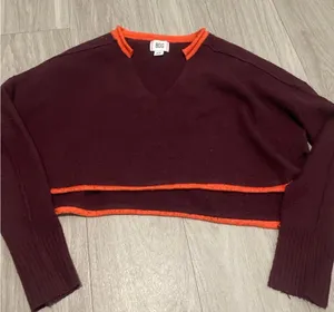 BDG V-Neck Sweater in Deep Burgundy and Bright Orange thumbnail 1