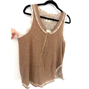 Free People Tank Top Striped Henley Medium Brown Linen Blend Boho Sleeveless thumbnail 5