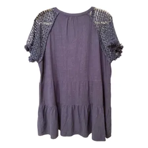 Umgee+ Plus Linen Cotton Blend Crochet Sleeve Navy Blue Tunic Top Size 1XL EUC thumbnail 3