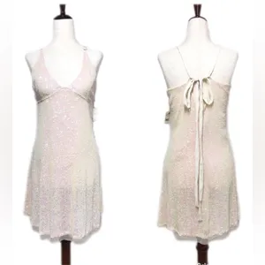 FREE PEOPLE Gold Rush Sequin Mini Dress Iridescent Sheer Cream Size Medium New‎ thumbnail 2