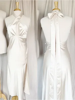 Elegant Cream Satin Halter Midi Dress thumbnail 2