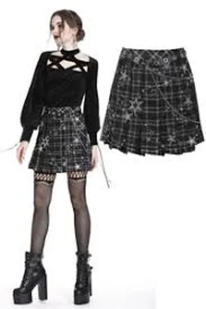 DARK IN LOVE Mini Plaid Skirt KILT GOTH WHIMSY STARS Small S thumbnail 2
