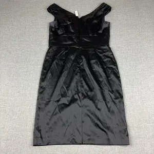 White House Black Market Dress Womens 12 Black Satin Sheath V-Neck Knee Length thumbnail 6