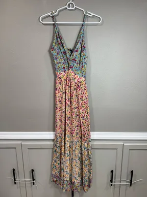 Angie Boho Floral Spaghetti-Strap Maxi Dress in Pastel Multi thumbnail 3