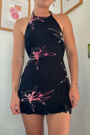 RVCA Black floral mini dress with pink accents Size M #floral #summerdress thumbnail 1