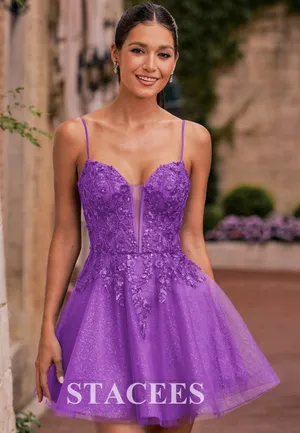 Stacees sparkly glitter A-Line short homecoming dress corset top ballerina thumbnail 1