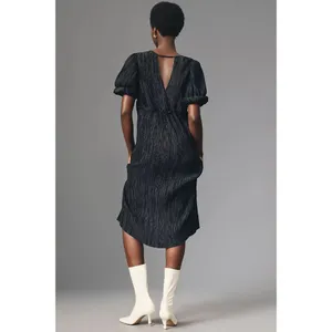 Black Midi Dress With Puff Sleeves & V-Neck By Anthropologie‎ L thumbnail 2