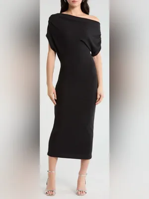 NEW Reformation Iris One-Shoulder Black Knitted midi Dress sz XS thumbnail 4