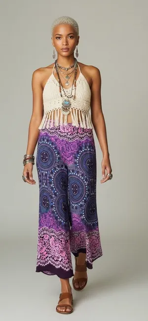 Boutique Bohemian Wide Leg Pants Cropped Purple Floral Medallion Print Elastic Waist L thumbnail 1
