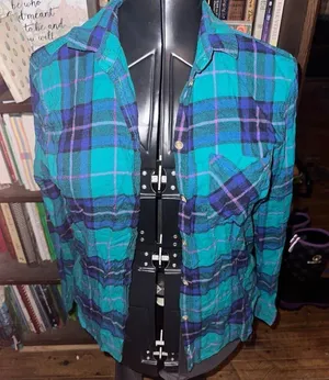American Eagle L blue & green plaid button down shirt thumbnail 1