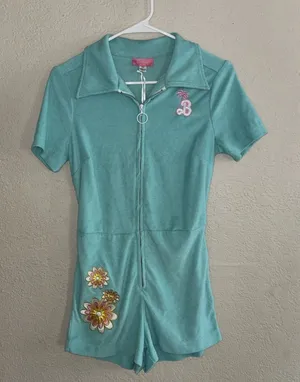Barbie x Unique Vintage Embroidered Aqua Terry Cloth Romper Retro Pinup Kidcore thumbnail 1