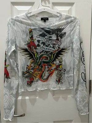 Ed Hardy Dragon Dagger white mesh long sleeve crop top Large Y2K thumbnail 13