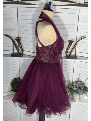 Burgundy mesh mini dress beaded halter open back fit flare homecoming whimsigoth thumbnail 3