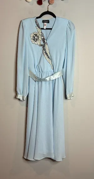 Vtg 1970's Union Made light blue embellished beaded formal dress thumbnail 1