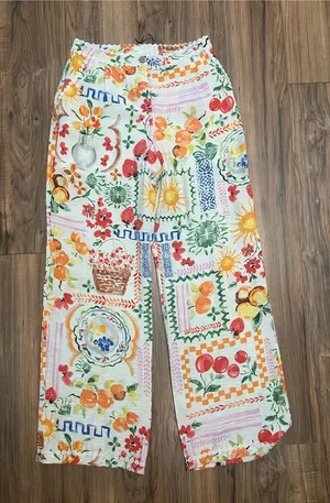 Dee Elly Cherry Farmers Market Fruit Print Wide Leg Lined Pants M NWT thumbnail 1