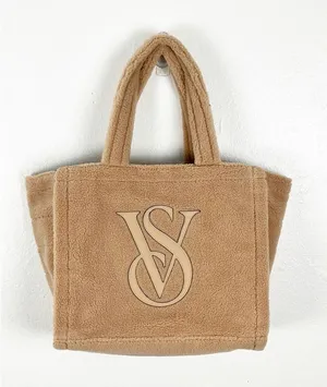 VICTORIA’S SECRET Tan Sherpa Fleece Double Straps Signature Logo Tote Bag thumbnail 1