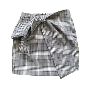 Lovers+Friends Grey Tartan Plaid Tie Front Asymmetric Mini Skirt Preppy Grunge thumbnail 2