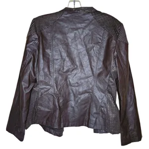 Chico's Chocolate Brown Open Front Faux Leather Lined Jacket Gold Studded Size 1 thumbnail 3