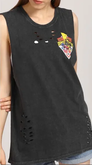 Mighty Morphin Power Rangers Distressed‎ Acid Wash Muscle Tank Top Women S Gray thumbnail 1