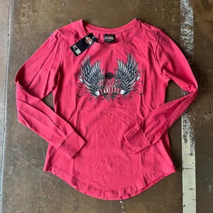 Vintage Y2K Women's Red Harley Davidson Angel Wing Rhinestone Design Biker Shirt thumbnail 1