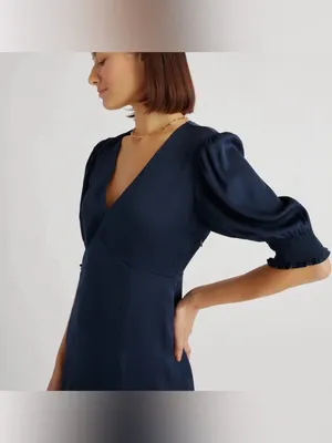Quince Washable Stretch Silk Puff Sleeve Mini Dress Medium Navy Minimal Fall thumbnail 4