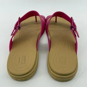 Crocs Tulum Toe Post Sandal Flip Flop Fuchsia Pink Tan Women 10 Buckle Straps thumbnail 4