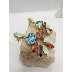 Colorful‎ Rhinestone Dangle Drop Gold Tone Earrings Pierced Statement Heavy thumbnail 5