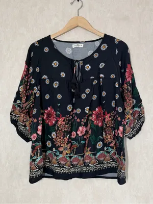 Natural Life Women’s Maribel Top Blouse Rayon in Black Floral Mushroom M thumbnail 3